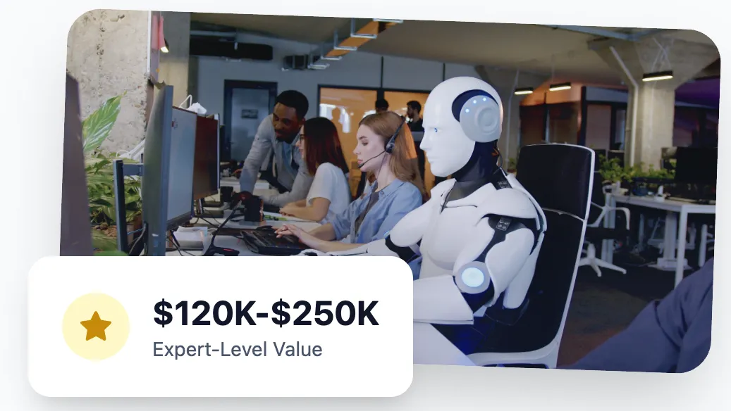 A powerful wide product illustration showing a dashboard and an AI team interface on a laptop, angled three-quarter view, bright soft studio lighting, modern flat-illustration style with brand-blue accents and simplified character silhouettes.