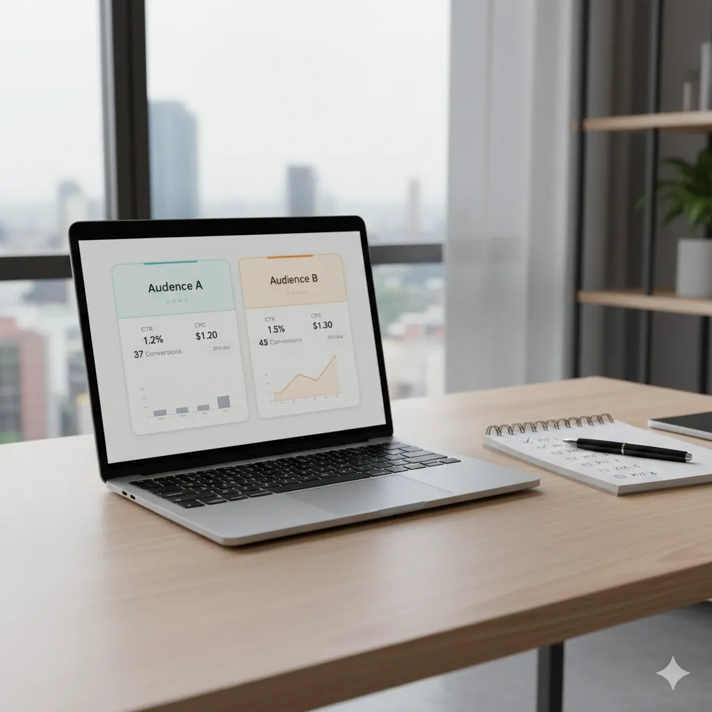 A modern workspace shows a laptop displaying a clean advertising dashboard with two campaign panels side by side. Each campaign includes simple performance metrics such as CTR, CPC, conversions, and a $10 per day budget indicator. One panel shows a slight upward trend line. A notebook with five KPI checkboxes sits beside the laptop on a wooden desk. The setting is bright with natural light and a calm, organized atmosphere, representing small-budget, segment-based ad testing.