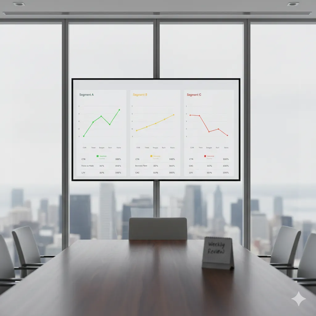 A modern office features a large wall-mounted analytics dashboard divided into three separate audience segment panels. Each panel displays key performance metrics including CTR, Time on Page, Bounce Rate, Conversion, CAC, and LTV, with simple trend lines indicating performance differences between segments. One segment shows growth, one remains stable, and one shows a slight decline. A desk with a weekly review calendar sits in the foreground, reinforcing structured, slice-by-slice performance tracking in a calm professional setting.