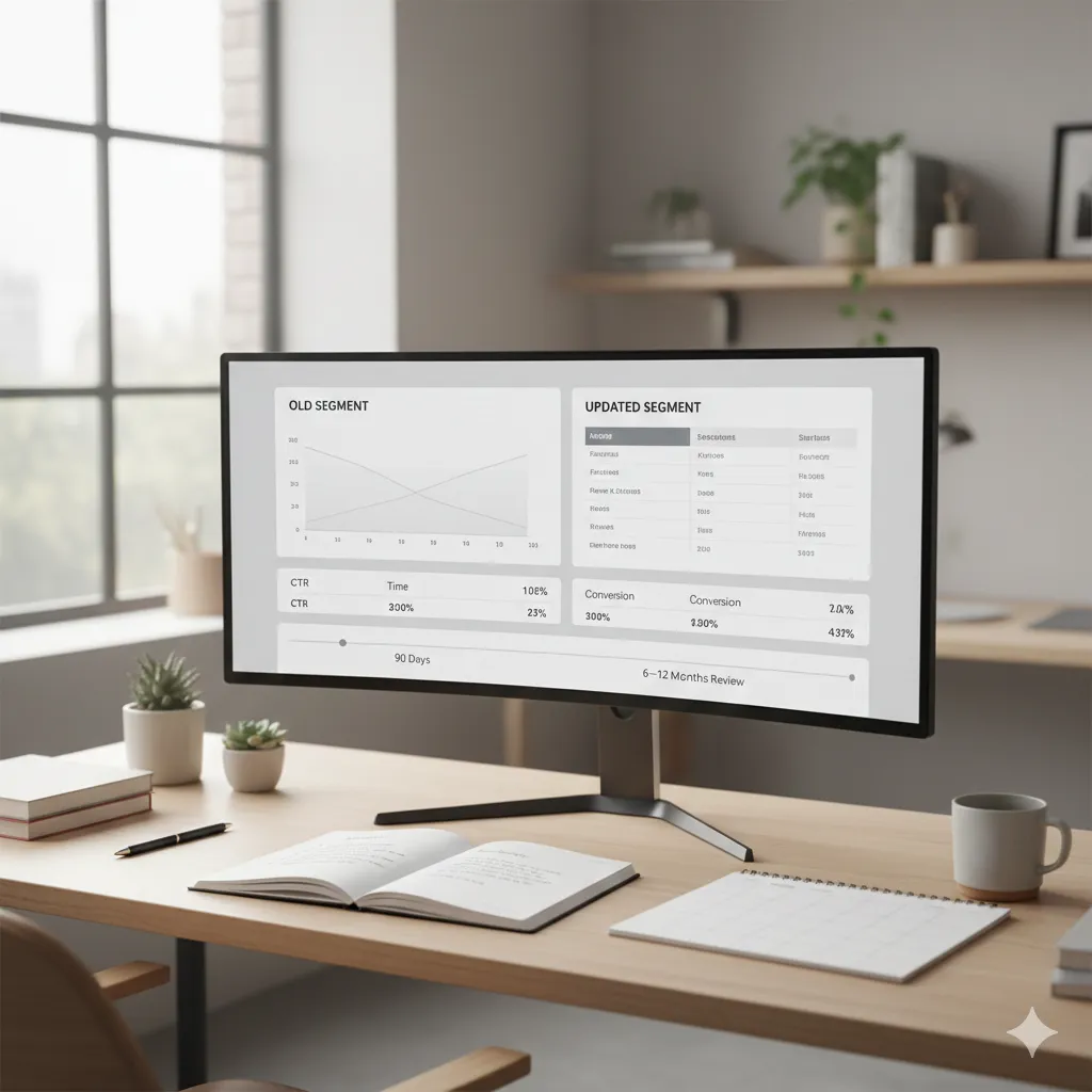 A modern home office workspace features a large curved monitor displaying two side-by-side audience segment dashboards. One segment panel appears slightly muted with a downward trend line, while the updated segment panel looks sharper and refined. Simple metric labels such as CTR, Time, and Conversion appear beneath the charts, along with review markers for 90 Days and 6–12 Months. A notebook and printed calendar rest on a wooden desk, symbolizing structured segment updates and ongoing performance reviews in a calm, strategic setting.