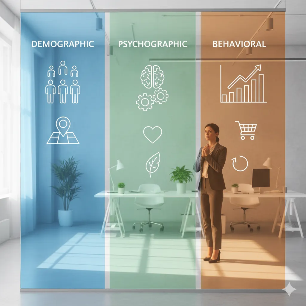 A modern creative studio features a large glass strategy wall divided into three vertical sections color-coded in blue, green, and orange. The sections are labeled Demographic, Psychographic, and Behavioral. Each section includes simple icons and charts representing age and location, values and interests, and customer actions like clicks and purchases. The Behavioral section appears slightly more detailed, indicating emphasis. A strategist stands nearby reviewing the layout in a bright, minimal workspace with natural light.