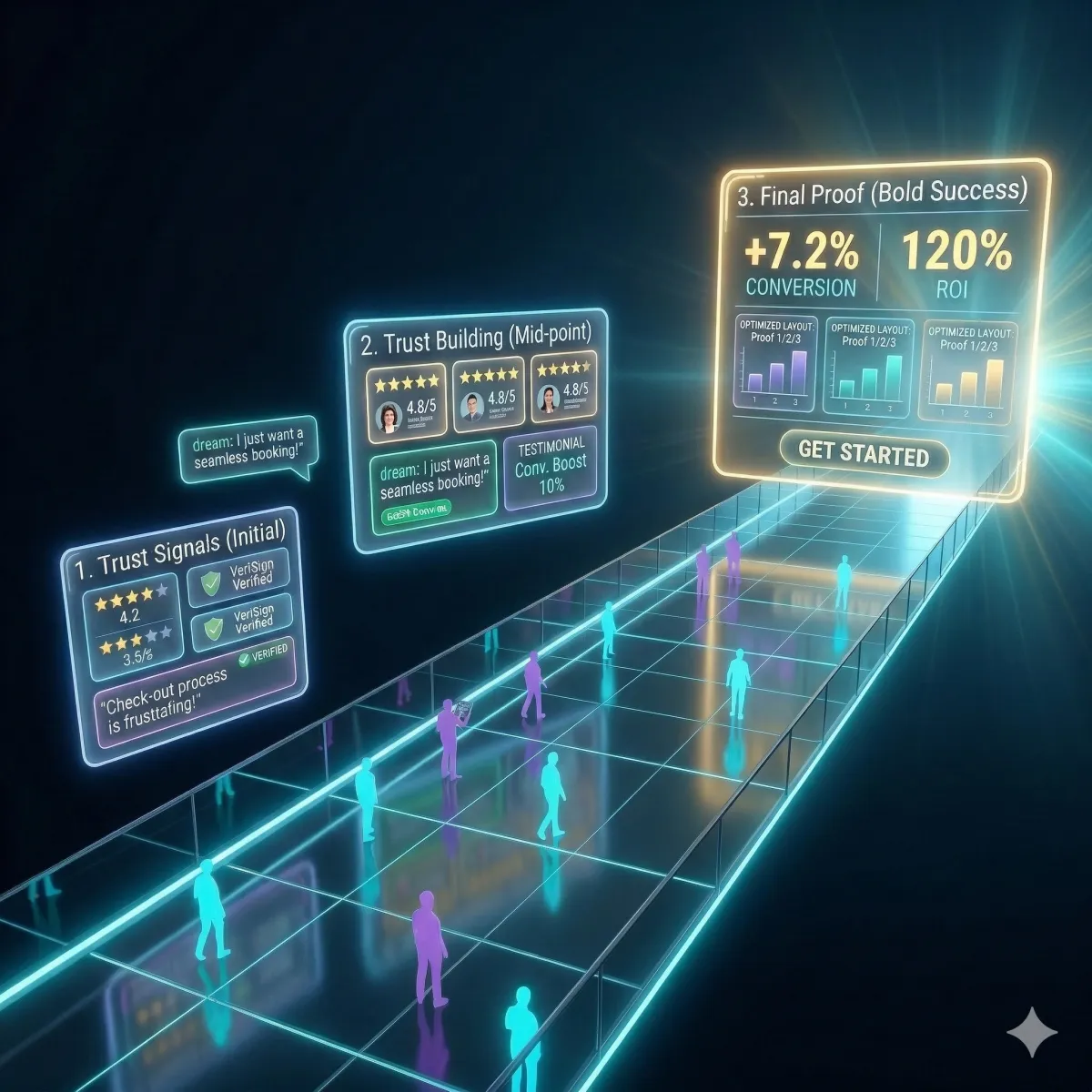 A sleek futuristic walkway with transparent panels showing reviews and success metrics placed along a glowing path as people move toward a bright destination, representing proof positioned at different buyer stages.