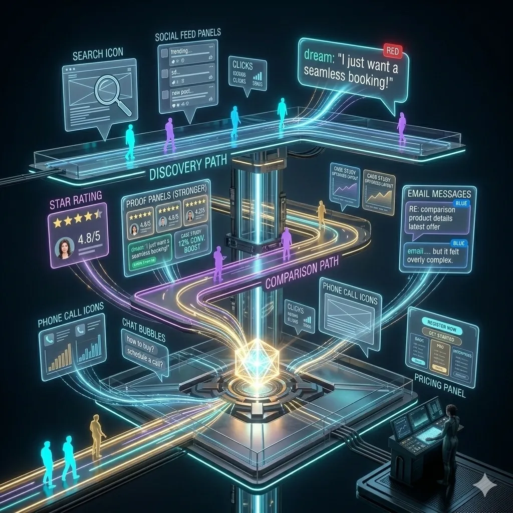 A futuristic multi-level platform with different floors representing buyer stages, showing icons for search, social media, email, and calls as people move through discovery, comparison, and decision stages.