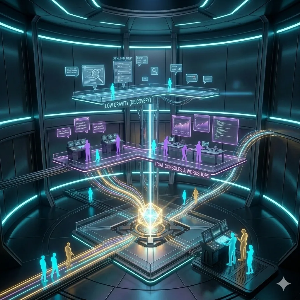 A futuristic vertical gravity tower with floating platforms at different heights where people interact with guides, trial tools, and full service stations, representing offers aligned with different buyer commitment stages.