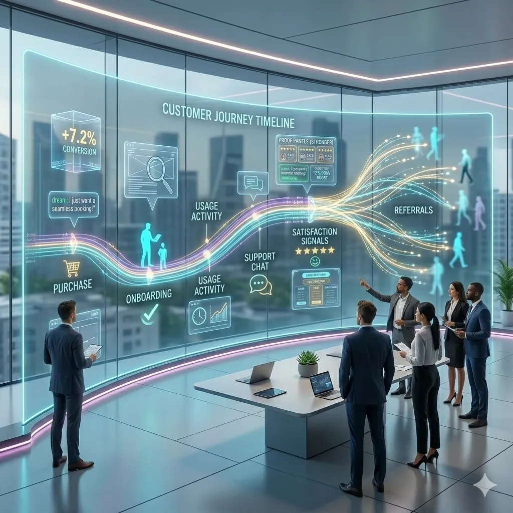 A modern office scene with a glass wall display showing a customer journey from purchase to loyalty, with interaction signals and referral connections extending to new customers.