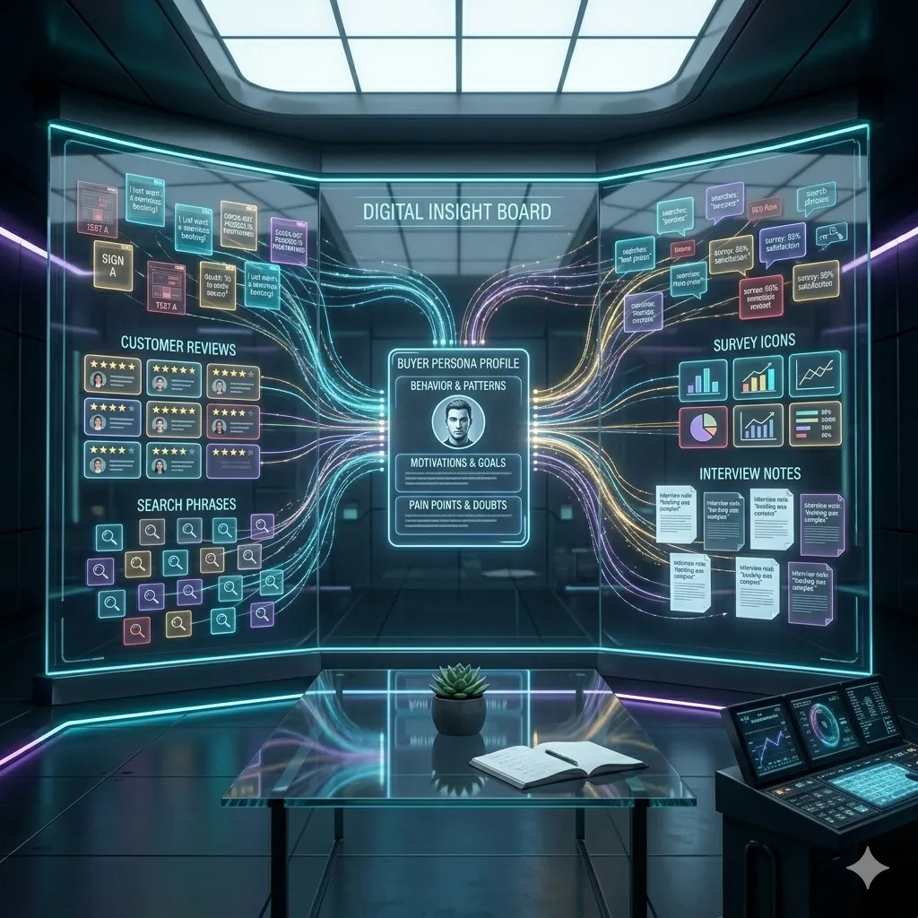 A modern strategy studio with a digital insight board showing review snippets, search phrases, and survey signals connected to a central buyer persona profile, representing how consumer behavior clues form a persona even without formal data.