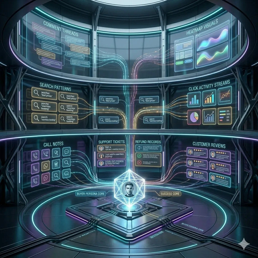 A futuristic data archive vault with illuminated capsules containing consumer behavior sources such as reviews, support tickets, search data, and comments arranged around a central buyer persona insight core.