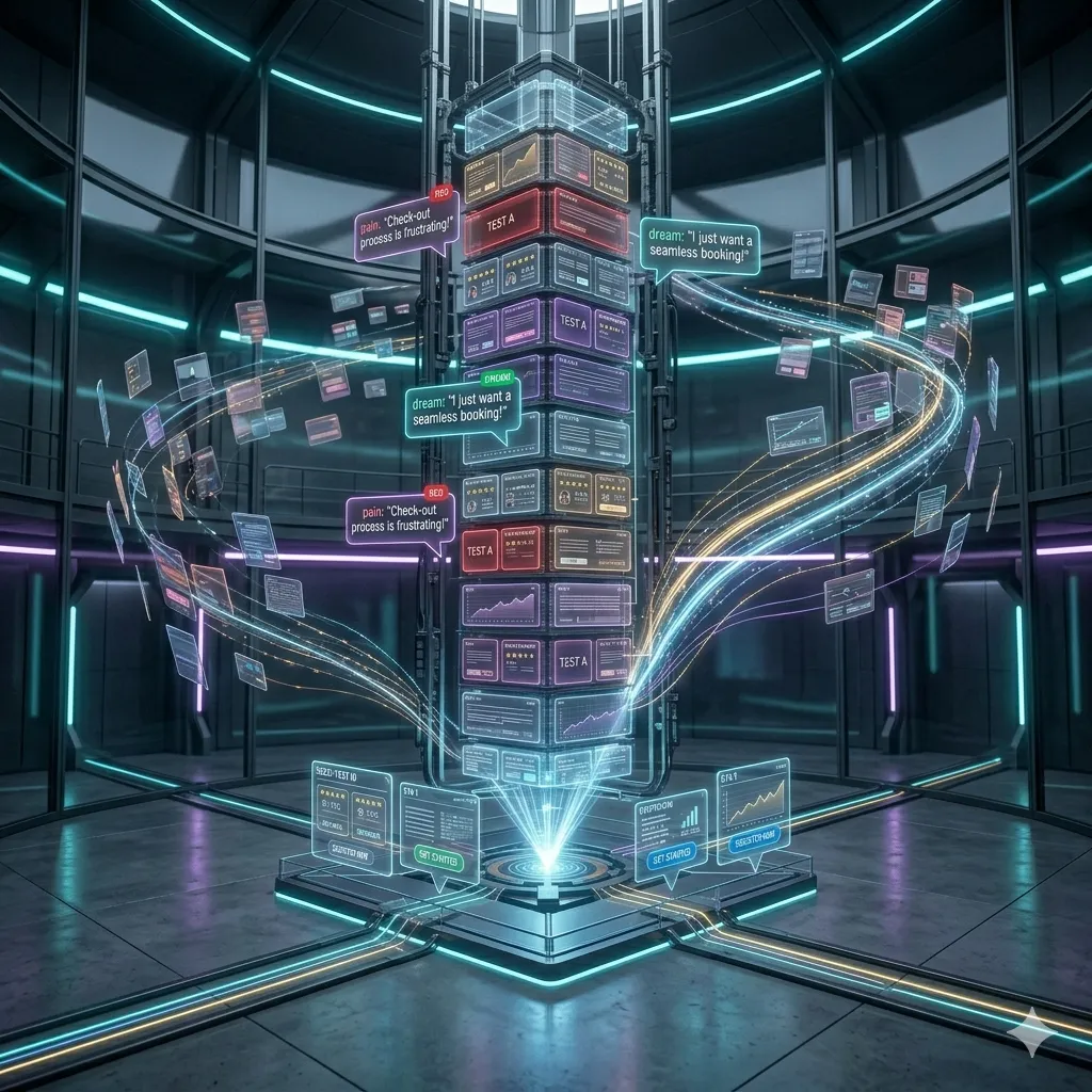 A minimalist space with floating panels organizing into a structured central stack, representing buyer objections being collected and arranged into an objection bank.