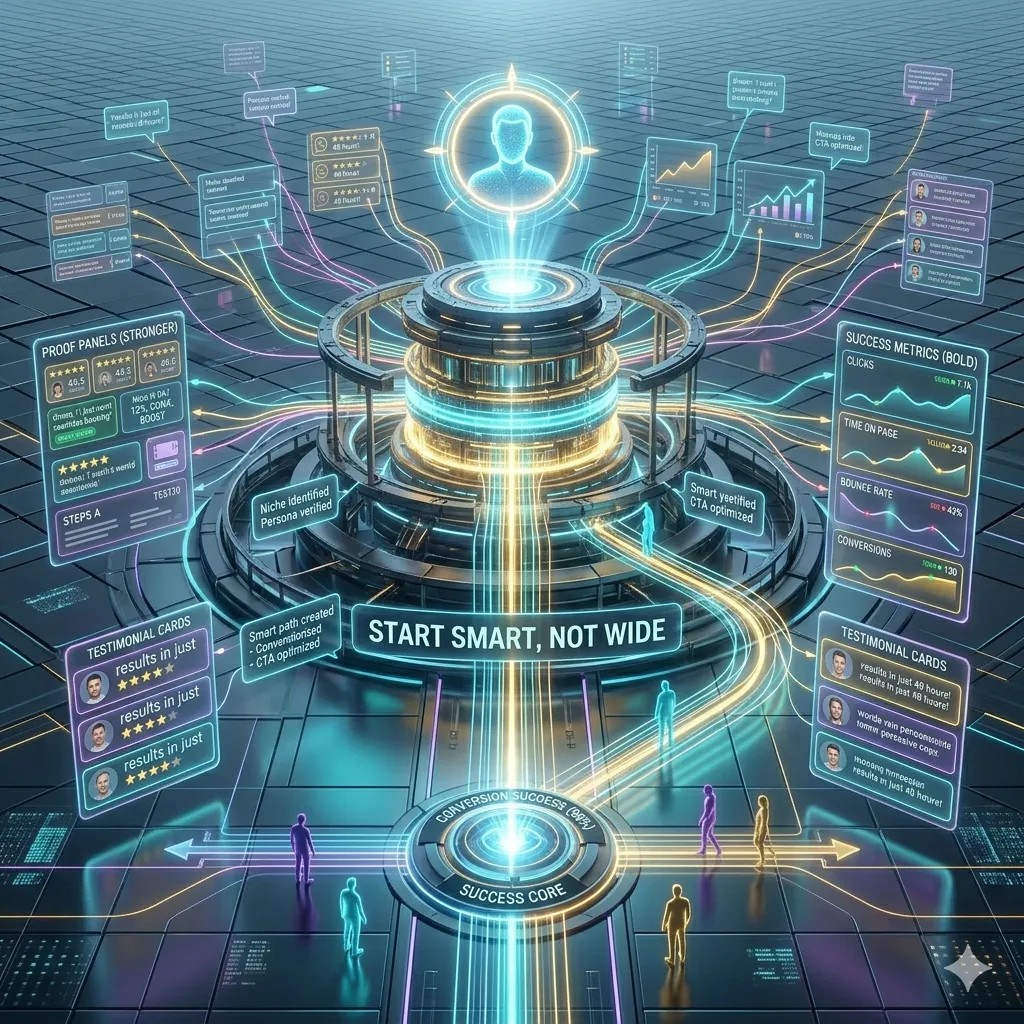 A futuristic scene with one strong focused beam of light surrounded by many faint scattered lights, representing choosing one clear buyer persona over many.