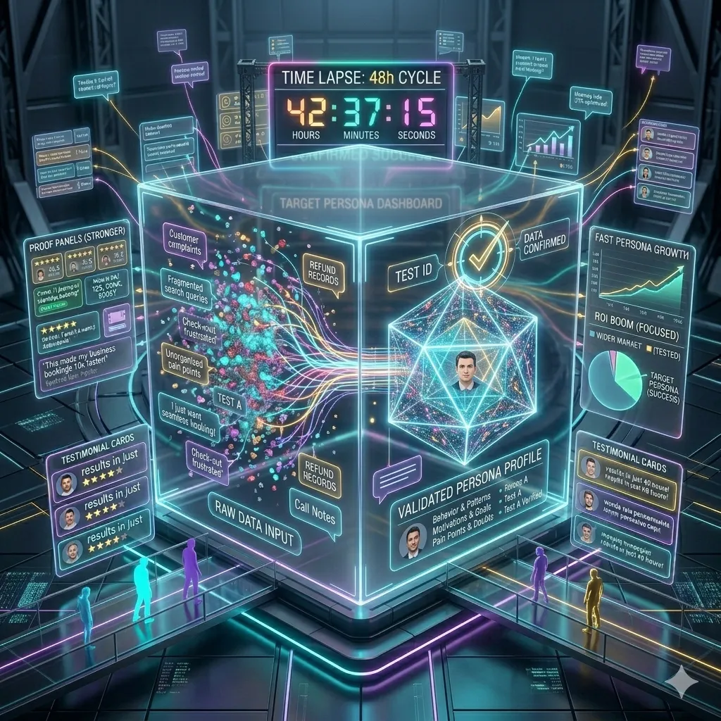 A futuristic transparent cube showing chaotic particles transforming into a stable structure with a subtle validation symbol, representing testing and confirming a buyer persona using real data.
