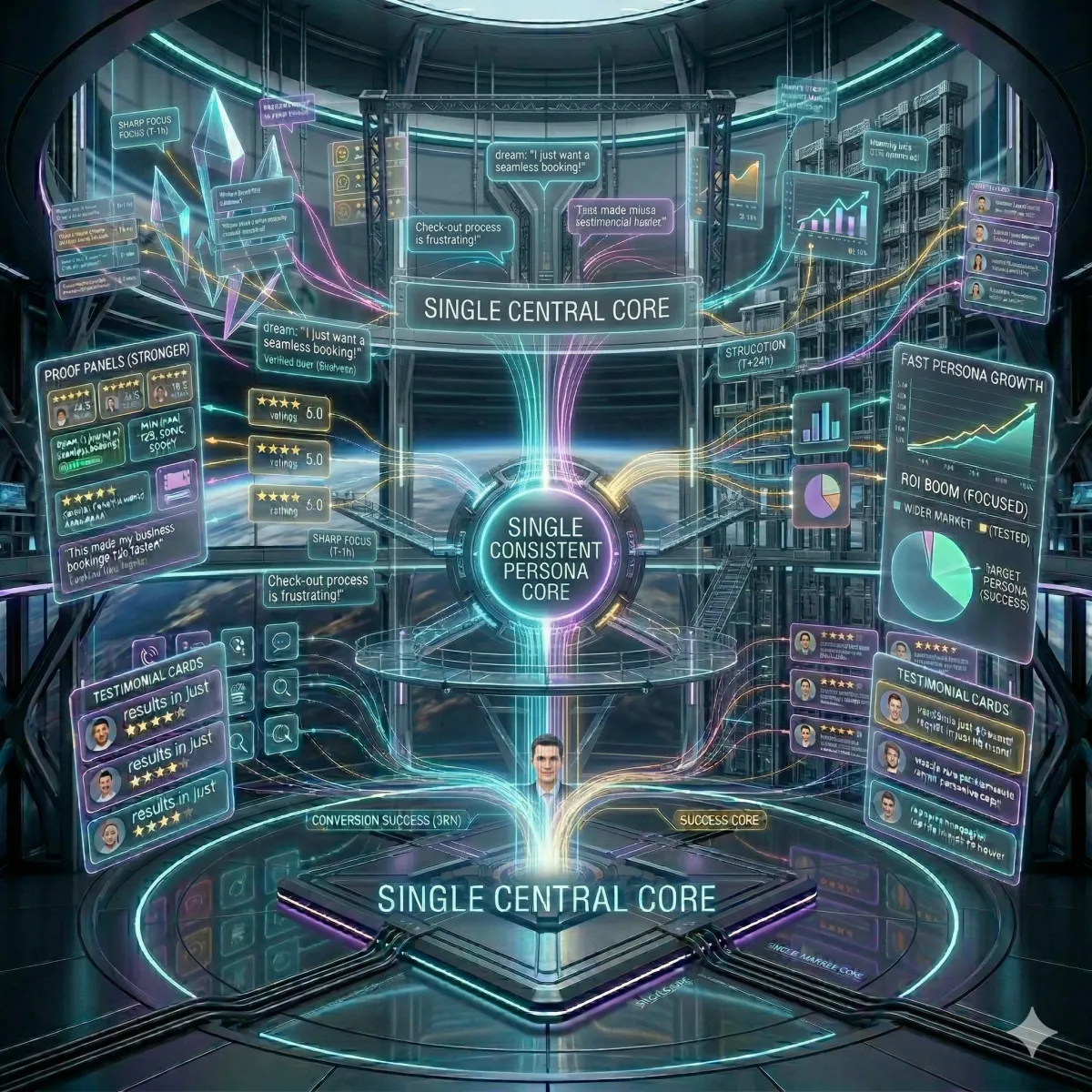 A futuristic central core emitting three distinct signal streams that change form as they move outward, representing one buyer persona adapted across different marketing channels.