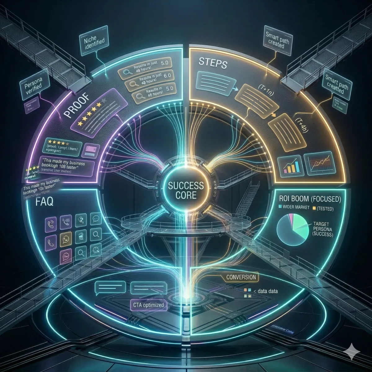 A futuristic circular structure divided into four connected segments around a central core, representing different roles in a B2B buying team making one shared decision.
