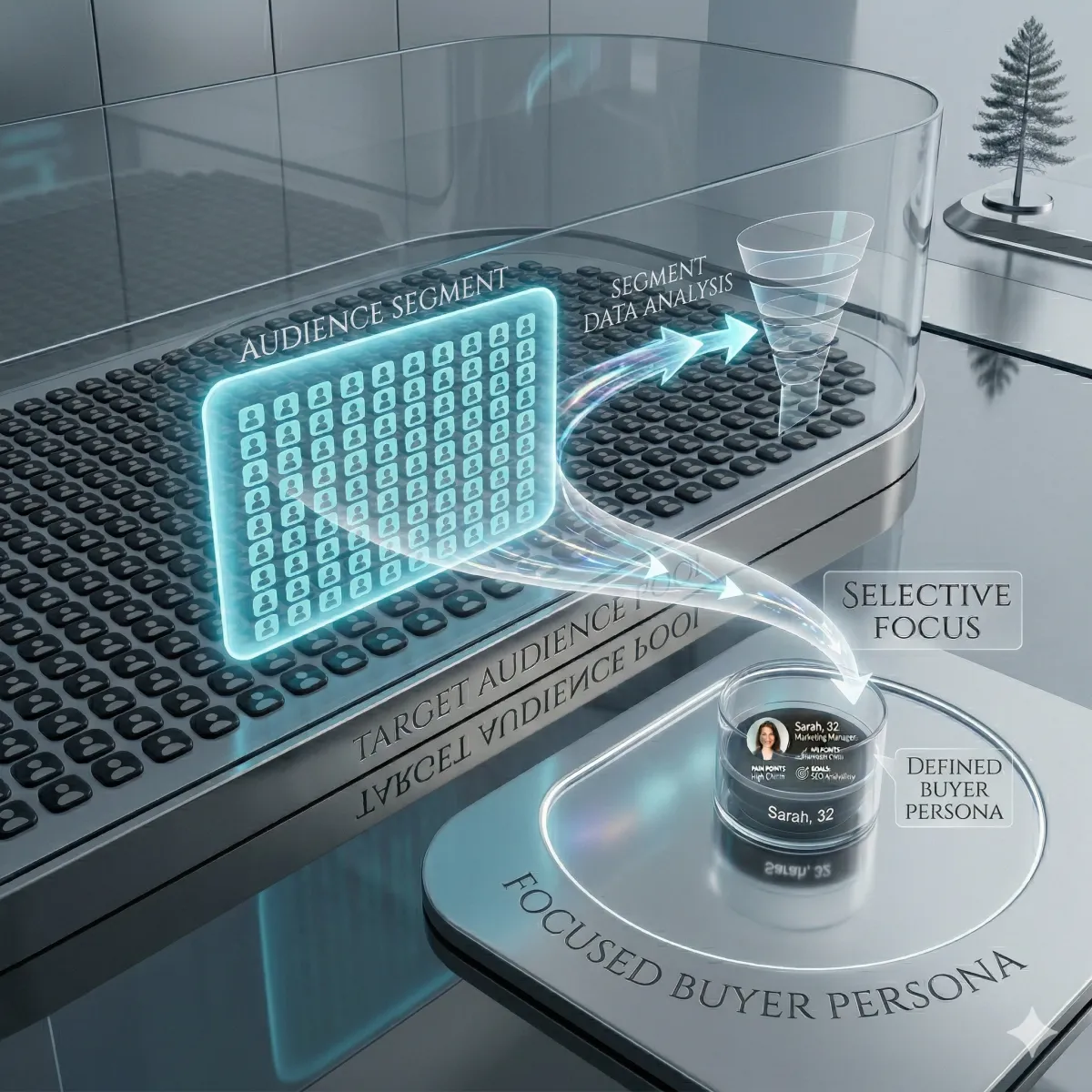A modern interface showing many user profiles with one group highlighted and a single profile selected, representing choosing a target audience before defining a buyer persona.