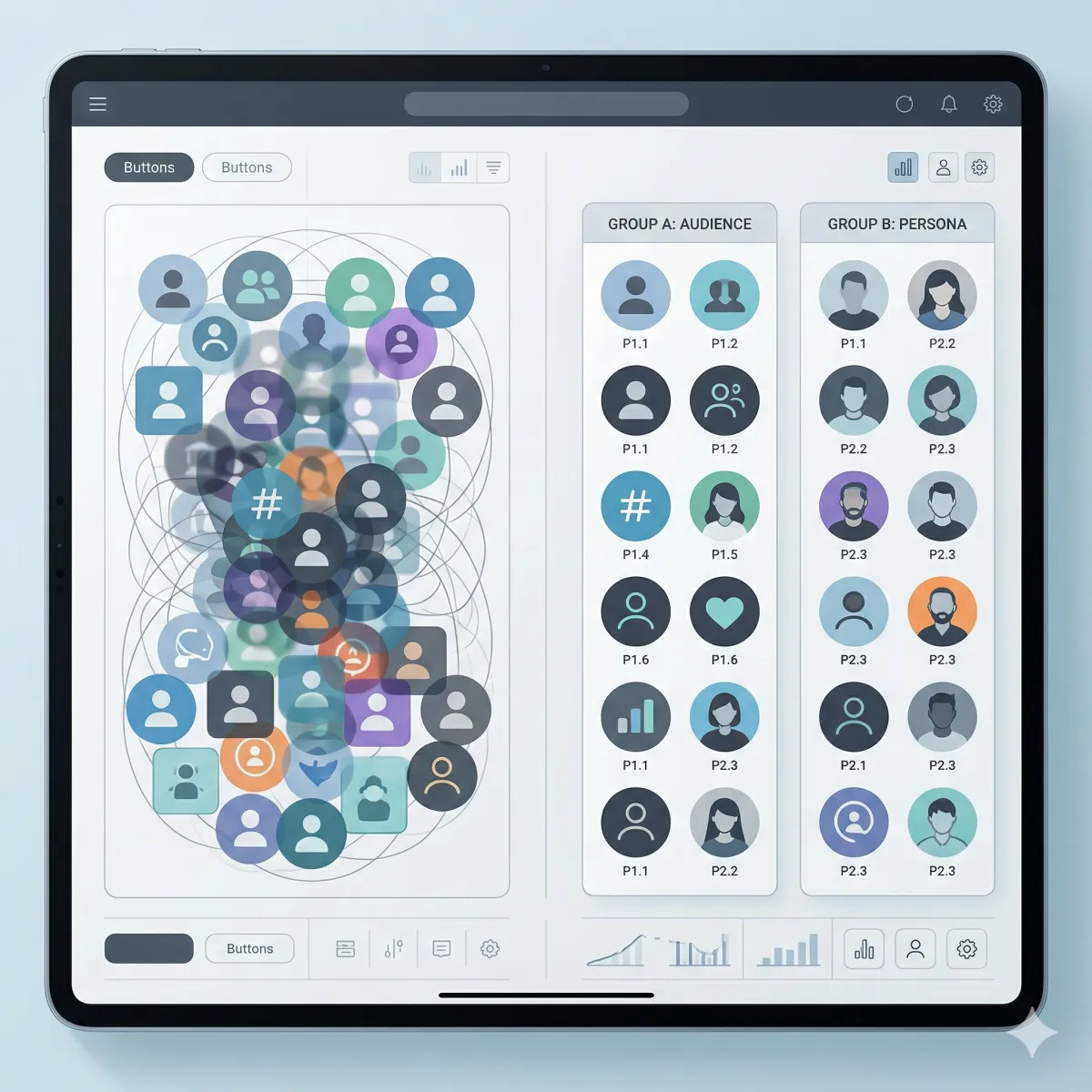 A modern interface showing overlapping user groups creating confusion on one side and clearly separated groups on the other, representing the difference between mixing and clarifying target audience and buyer persona.