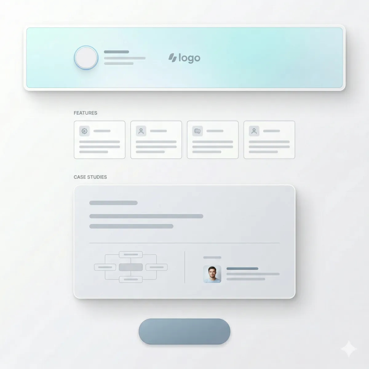 A modern landing page interface with a structured layout including header, content sections, a highlighted message block, and a centered call-to-action button.