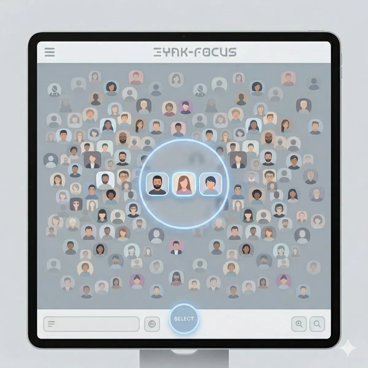 A modern interface showing many user profiles with a small group of 1 to 3 selected and highlighted, representing focusing on a few key buyer personas.