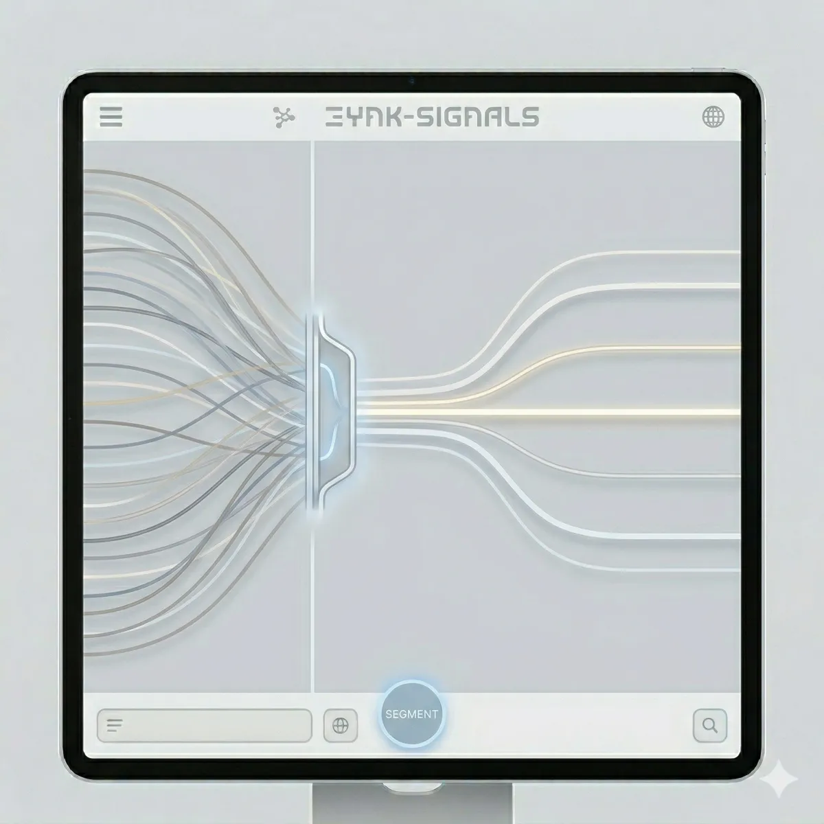 Flowing lines pass through a control gate and become a few organized streams, representing segmenting an audience without creating too many personas.