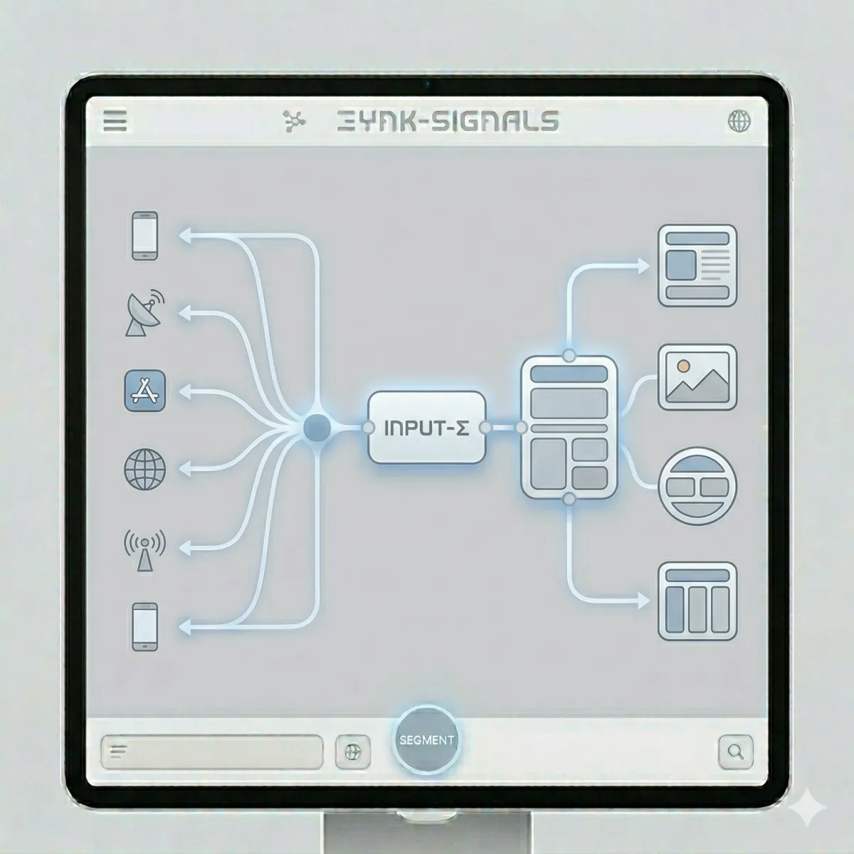 A modern interface showing pathways extending outward on one side and structured content blocks forming on the other, representing channels deciding where to distribute and personas shaping what to say.