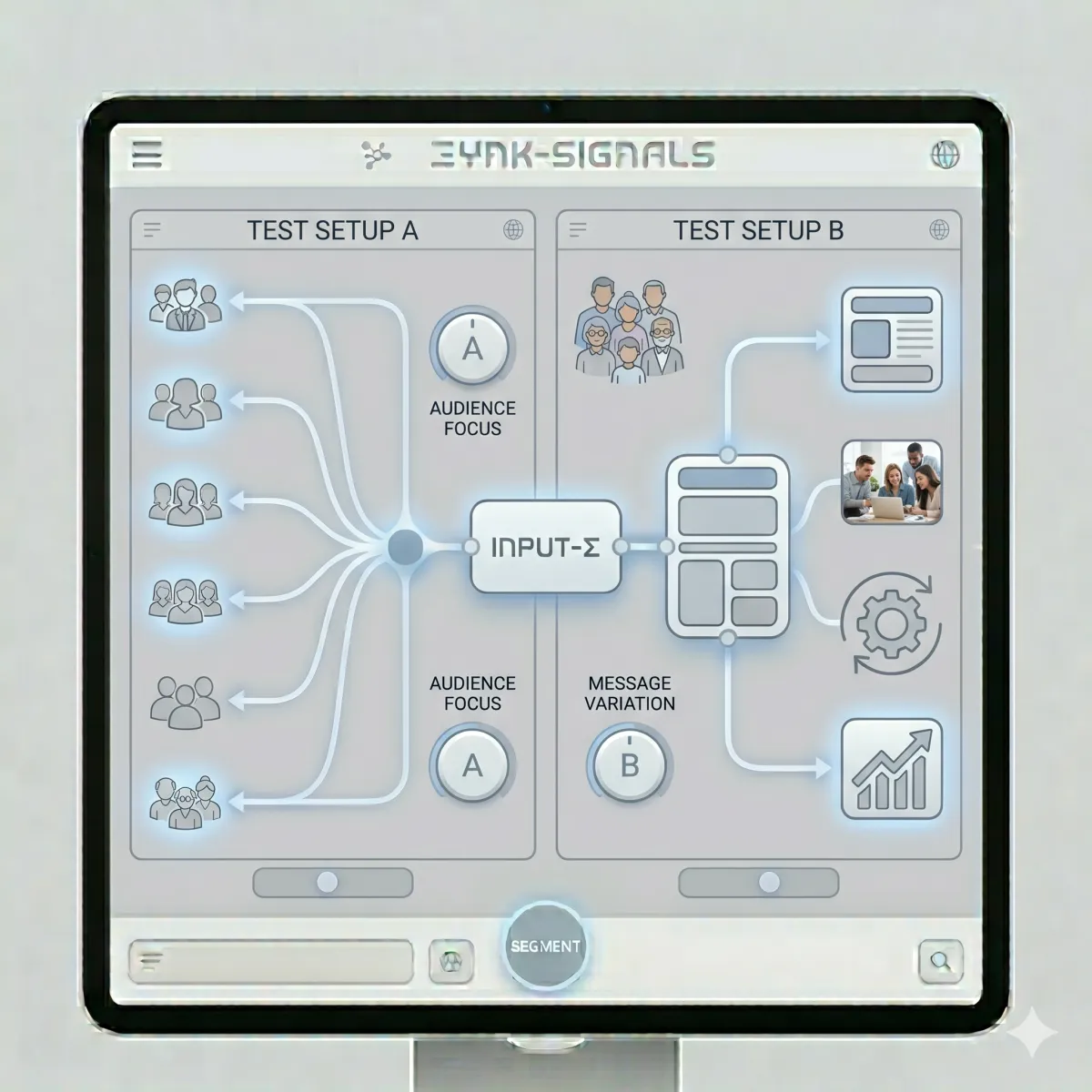 Two controlled test setups showing one variable changing in each, representing A/B testing that separates audience targeting from messaging.
