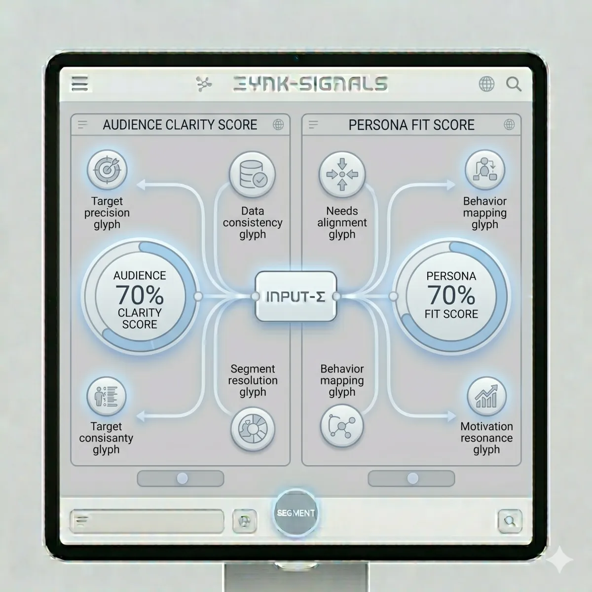 A modern interface with two circular progress indicators and surrounding data points, representing separate measurement scores for audience clarity and persona fit.