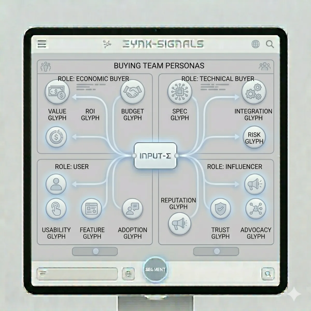 A modern interface showing one large container divided into four distinct sections, each representing a different role within a buying team, illustrating the relationship between target audience and buyer personas.