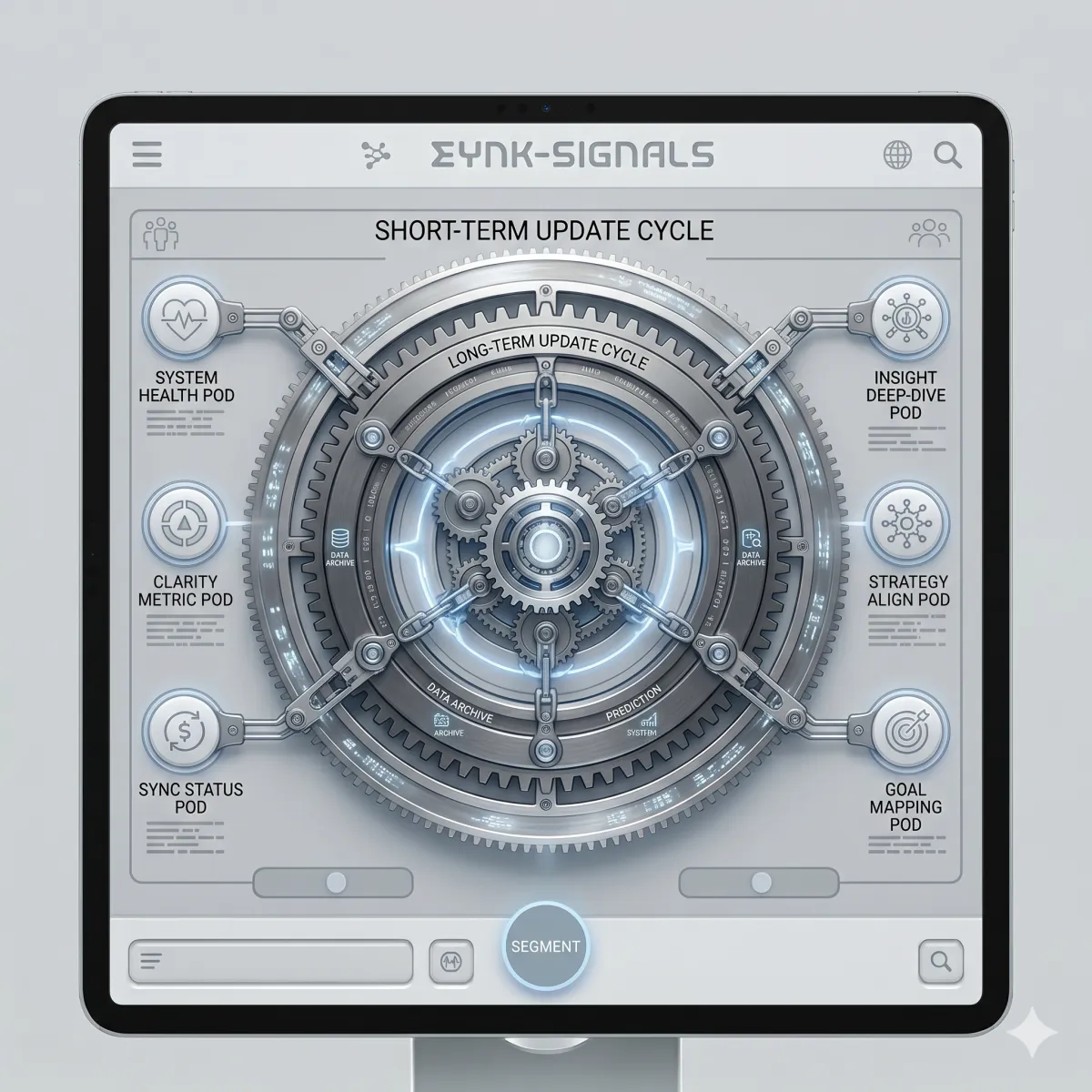 A modern mechanical system with two rotating rings moving at different speeds, representing short-term and long-term update cycles for maintaining clarity.
