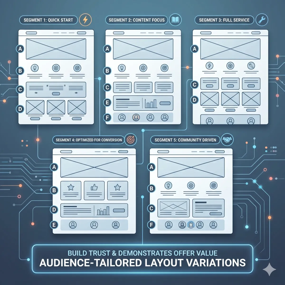 Five clean webpage wireframes with the same content blocks arranged in different orders, representing page layouts tailored to different audience segments.