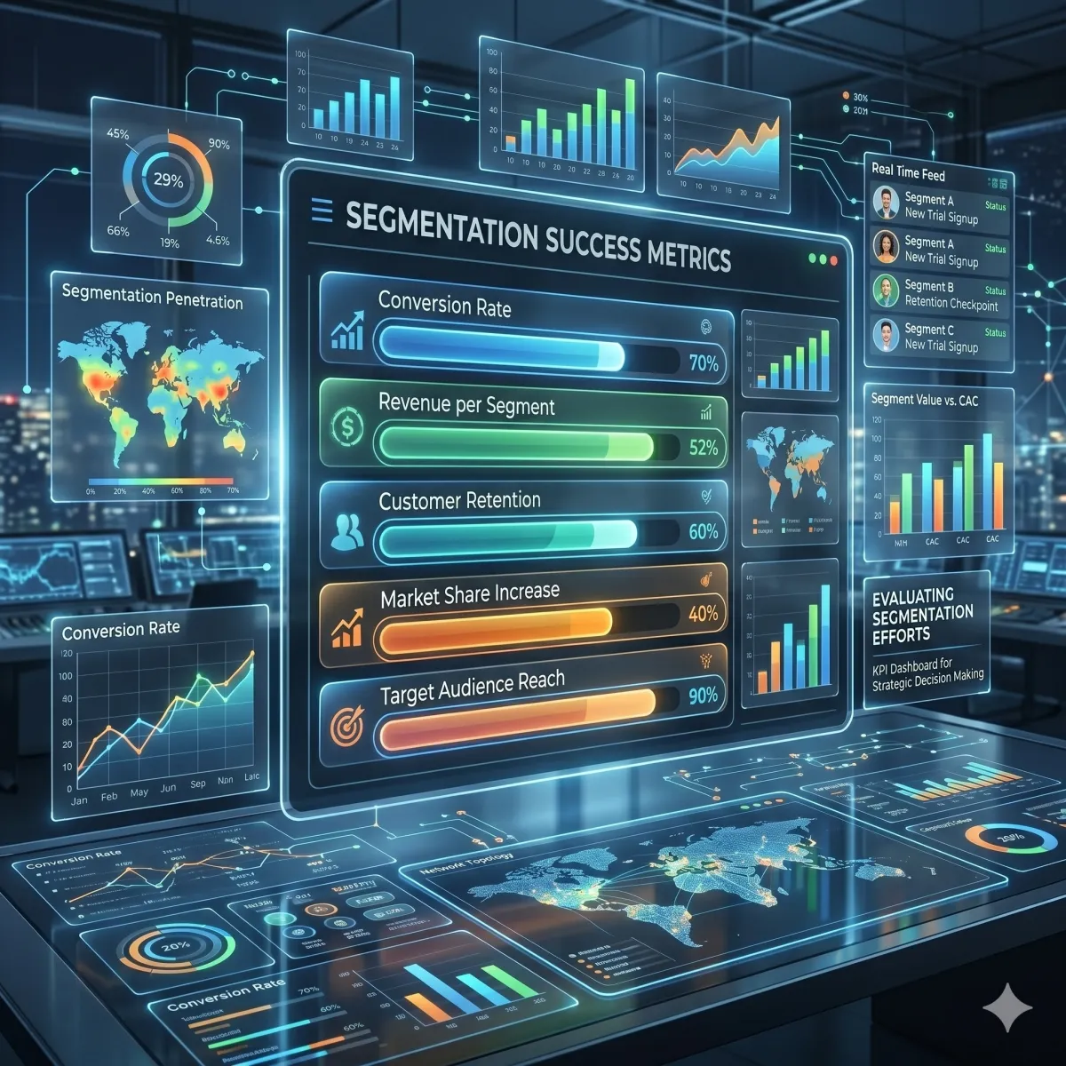 A modern interface showing multiple performance bars with different fill levels, representing key metrics used to evaluate segmentation success.
