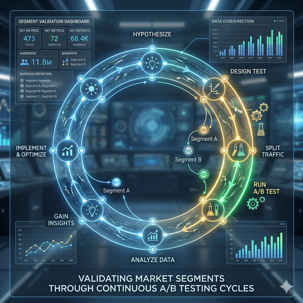 A circular loop of connected nodes with one highlighted step, representing continuous A/B testing cycles used to validate market segmentation.