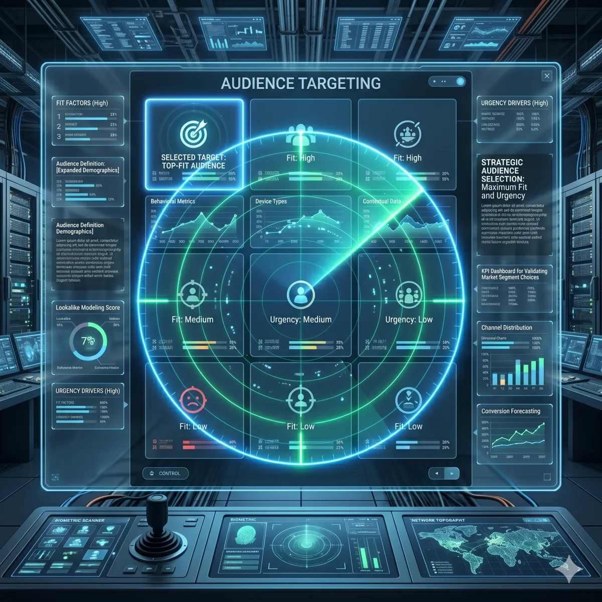A modern interface showing a 3×3 audience grid with one highlighted segment selected by a radar scan, representing choosing the best target audience based on fit and urgency.