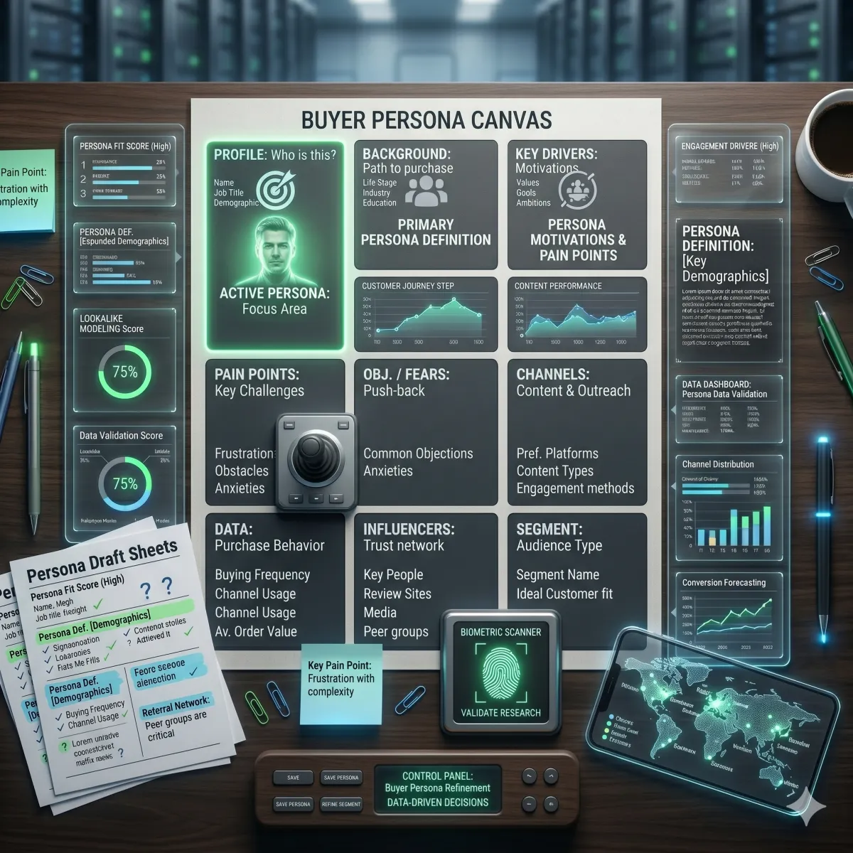 A modern planning workspace with organized persona sheets, notes, and highlighted sections representing a practical buyer persona creation process.