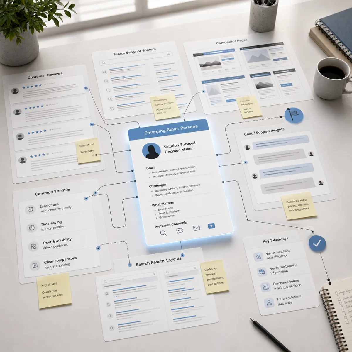 An organized investigative workspace with reviews, search layouts, and competitor pages connected together to form buyer persona insights from scattered clues.