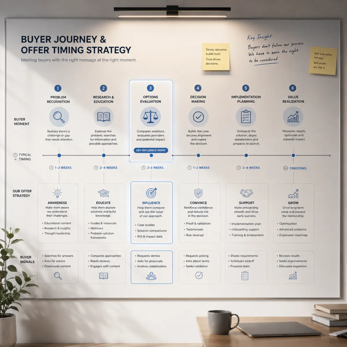 A modern planning wall with a visual timeline, highlighted checkpoints, and timing indicators representing key buyer moments and offer timing strategy.