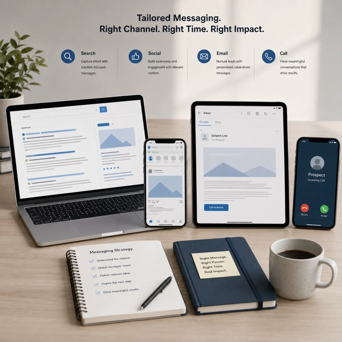 A modern workspace with multiple digital devices showing different communication layouts, representing tailored messaging across search, social, email, and call channels.