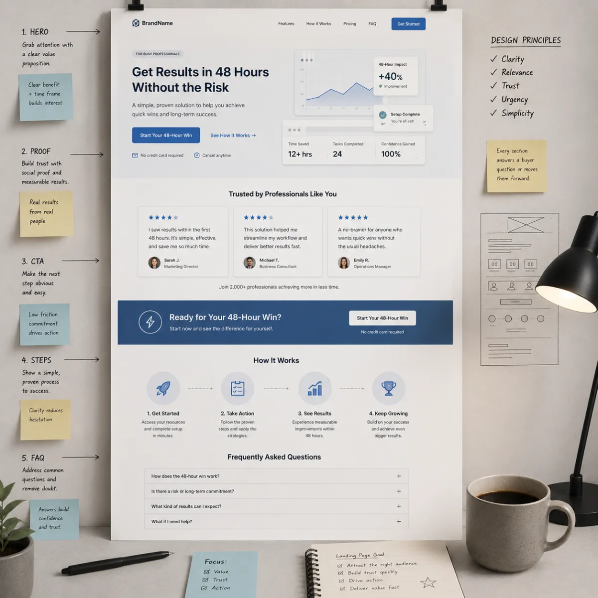 A modern creative workspace with a structured landing page mockup showing a hero section, proof area, CTA, steps, and FAQs designed around buyer behavior.