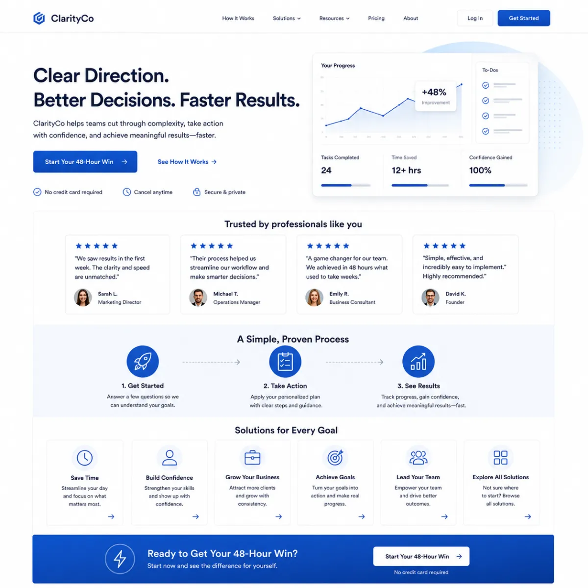 A modern homepage layout with a focused hero section, CTA, proof cards, three-step process, and smaller navigation tiles for secondary audience paths.