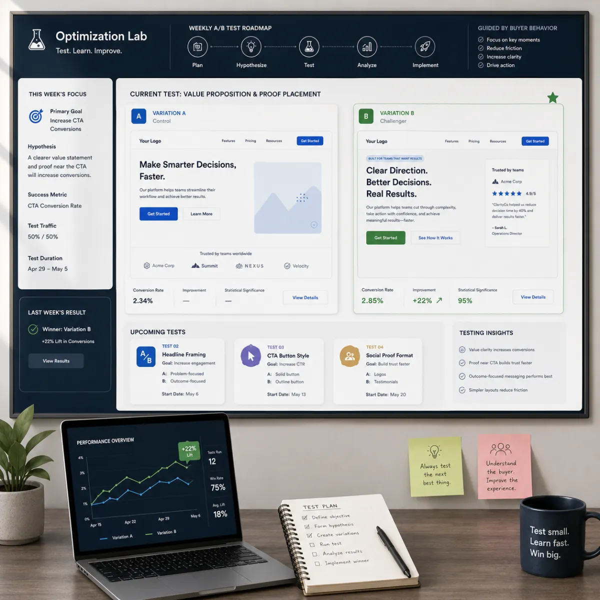 A modern optimization workspace with comparison layout cards and testing variations displayed on a digital board, representing weekly A/B tests guided by buyer behavior.