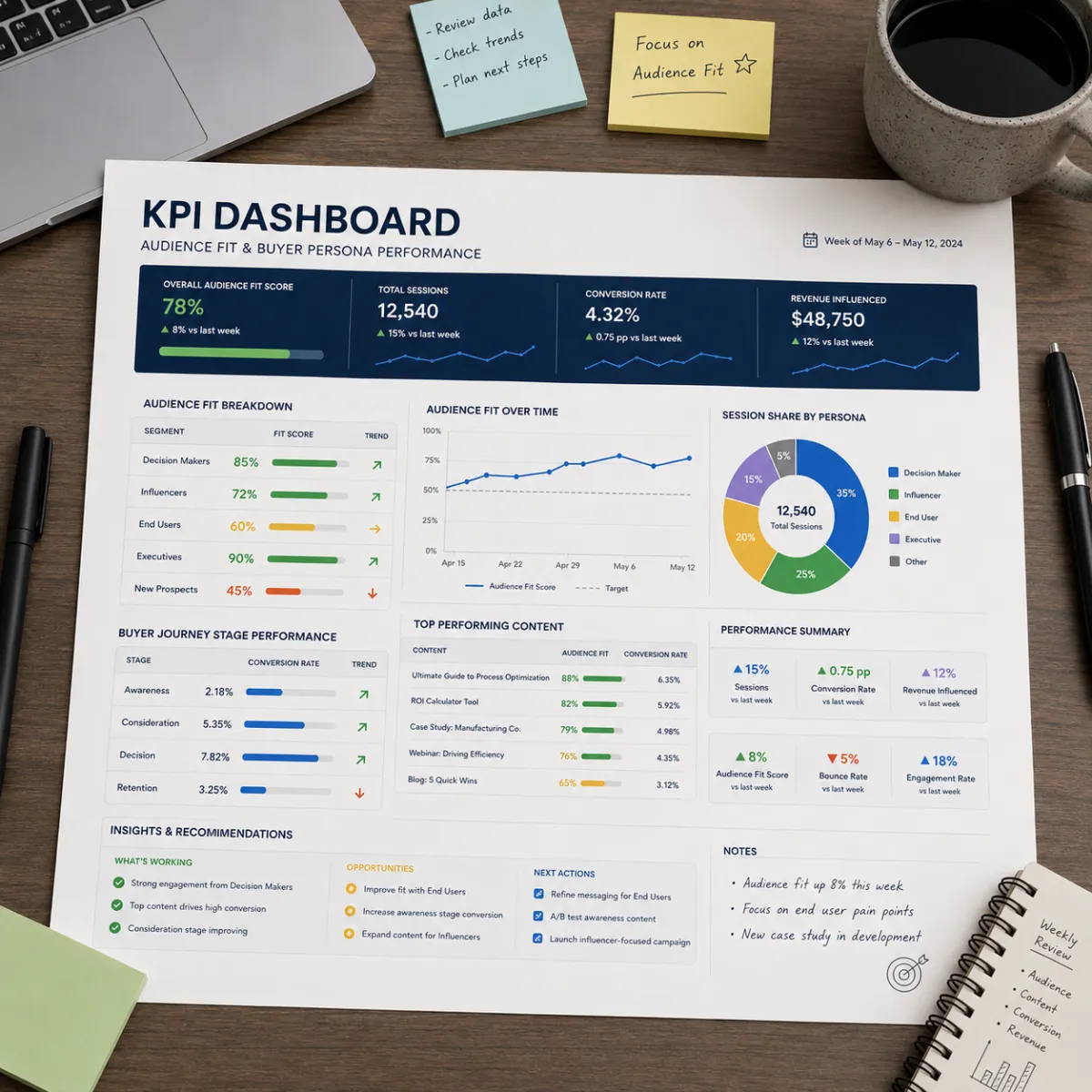 A modern analyst workspace with a printed KPI dashboard sheet showing progress bars, charts, and color-coded performance indicators for audience fit and buyer persona tracking.