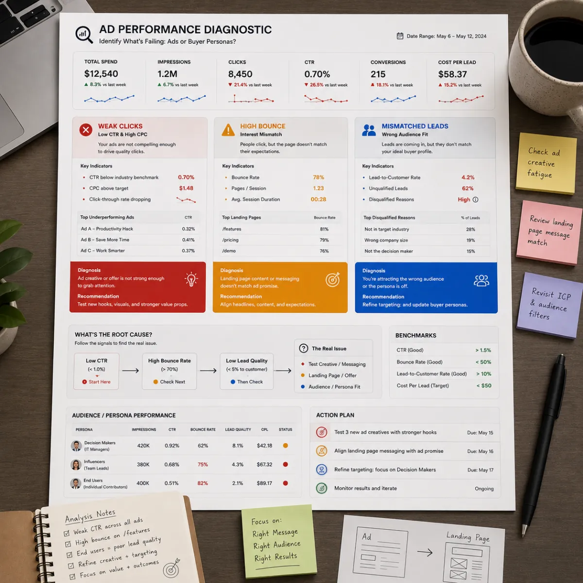 A modern ad analysis workspace with diagnostic panels showing weak clicks, high bounce behavior, and mismatched leads to identify whether ads or buyer personas are failing.