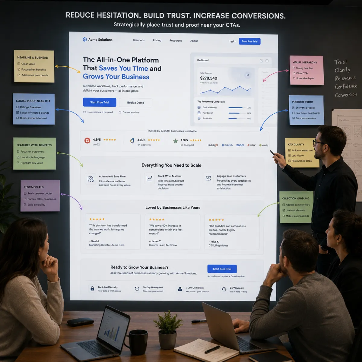 A modern strategy room with a projected landing page surrounded by review cards, proof blocks, and trust elements placed near CTA areas to reduce buyer hesitation and improve conversions.