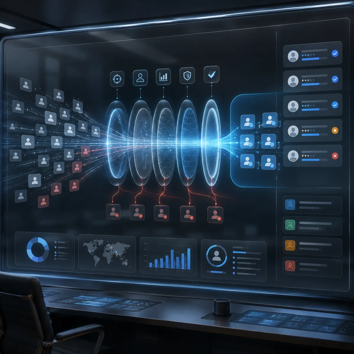 A modern lead filtering system showing incoming leads passing through qualification gates, where only the best-fit audience moves into an approved zone while mismatched leads are filtered out.