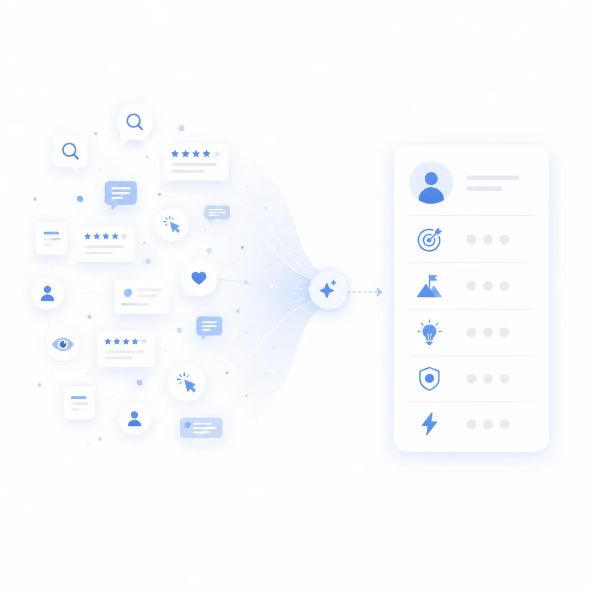 Consumer behavior signals transforming into a structured buyer persona profile, illustrating how real customer actions create better marketing insights.