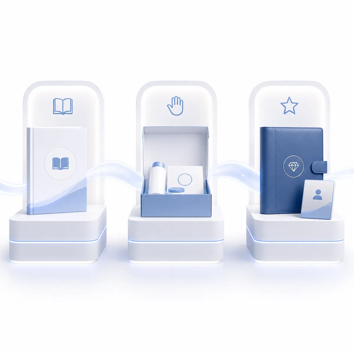 Three premium offer packages displayed in sequence, representing guides, trials, and consultations aligned with different stages of consumer behavior.
