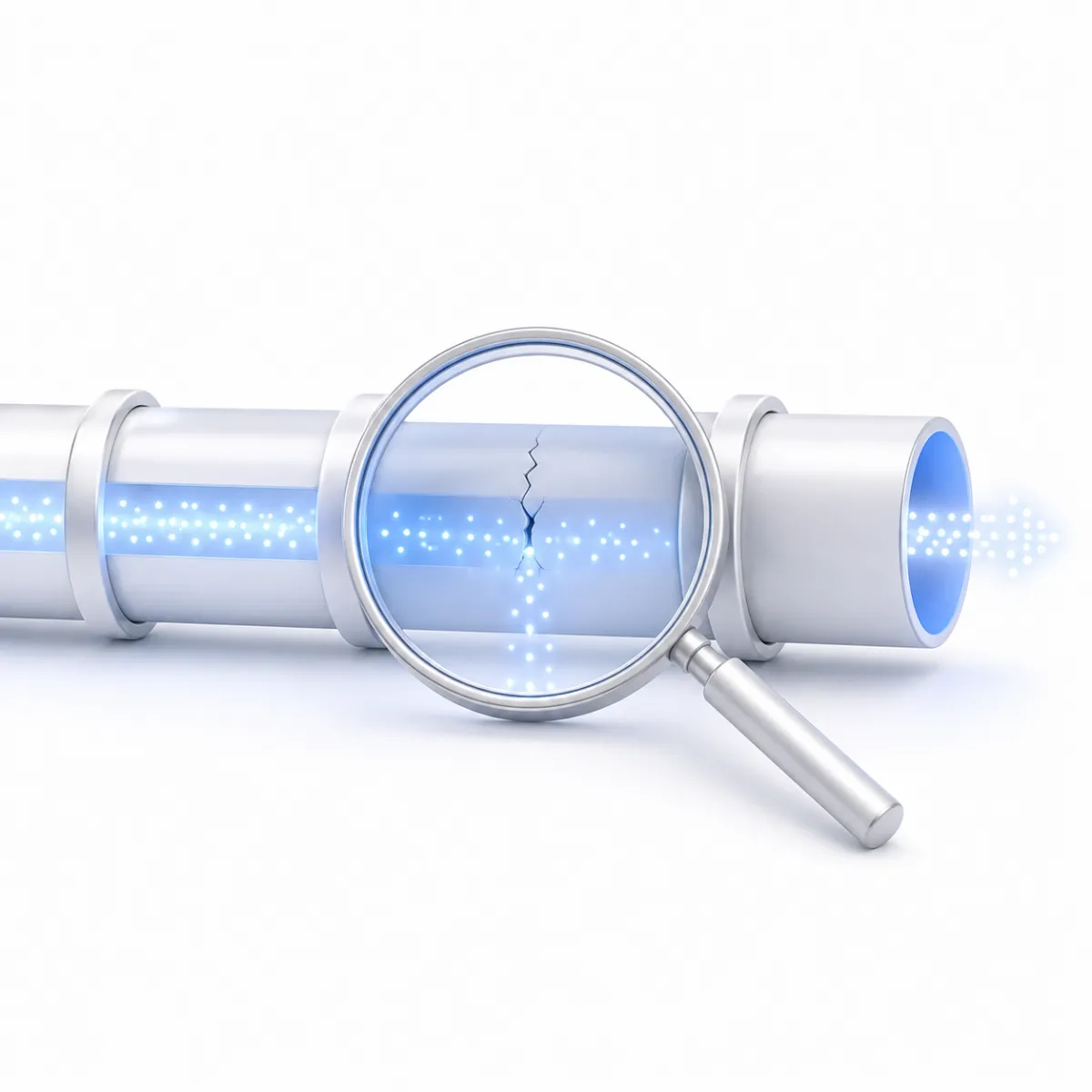 A clean pipeline with a small leak highlighted by a magnifying glass, illustrating a buyer persona funnel audit to find and fix conversion leaks.