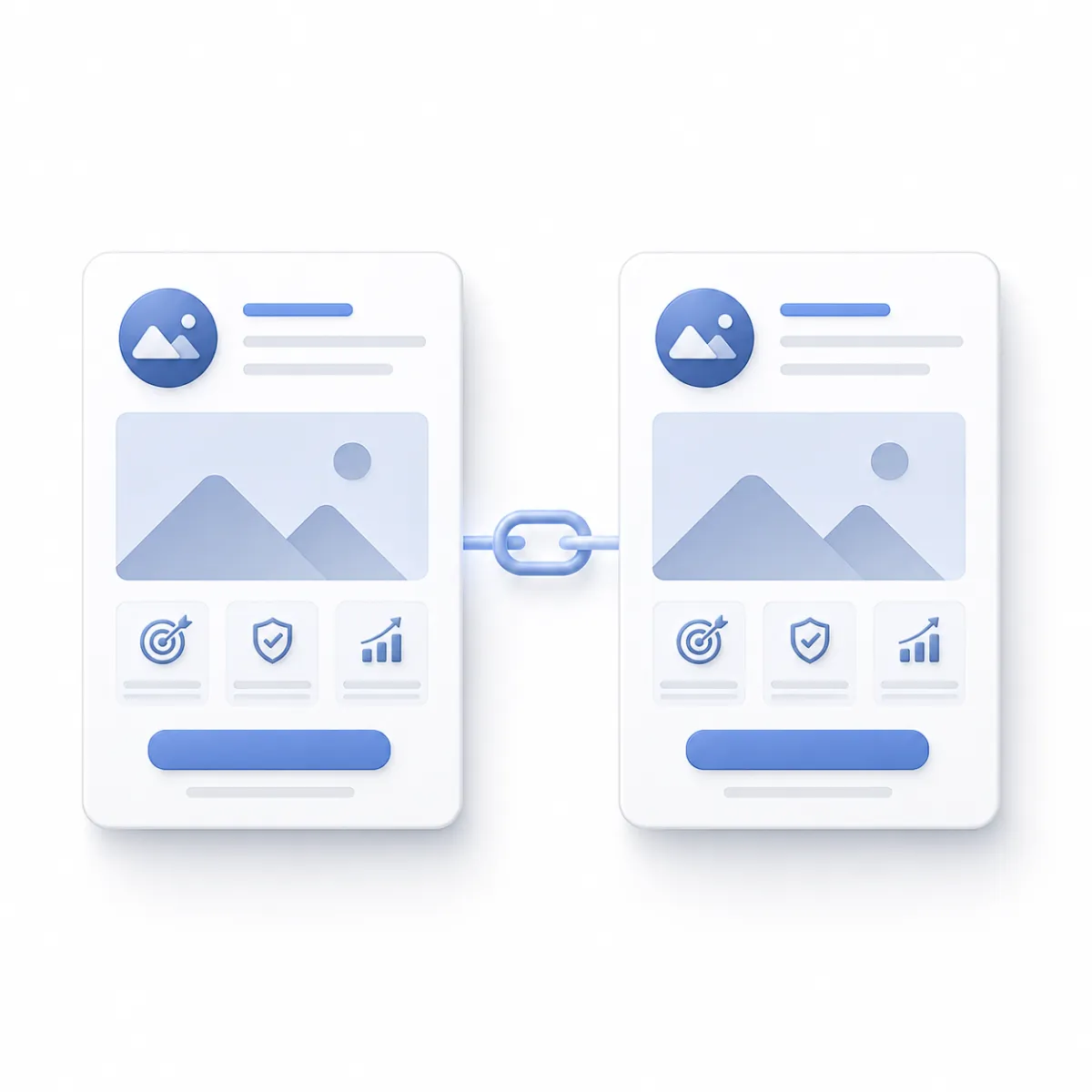 Two matching marketing cards connected by a chain link, representing consistent messaging between an advertisement and a landing page.