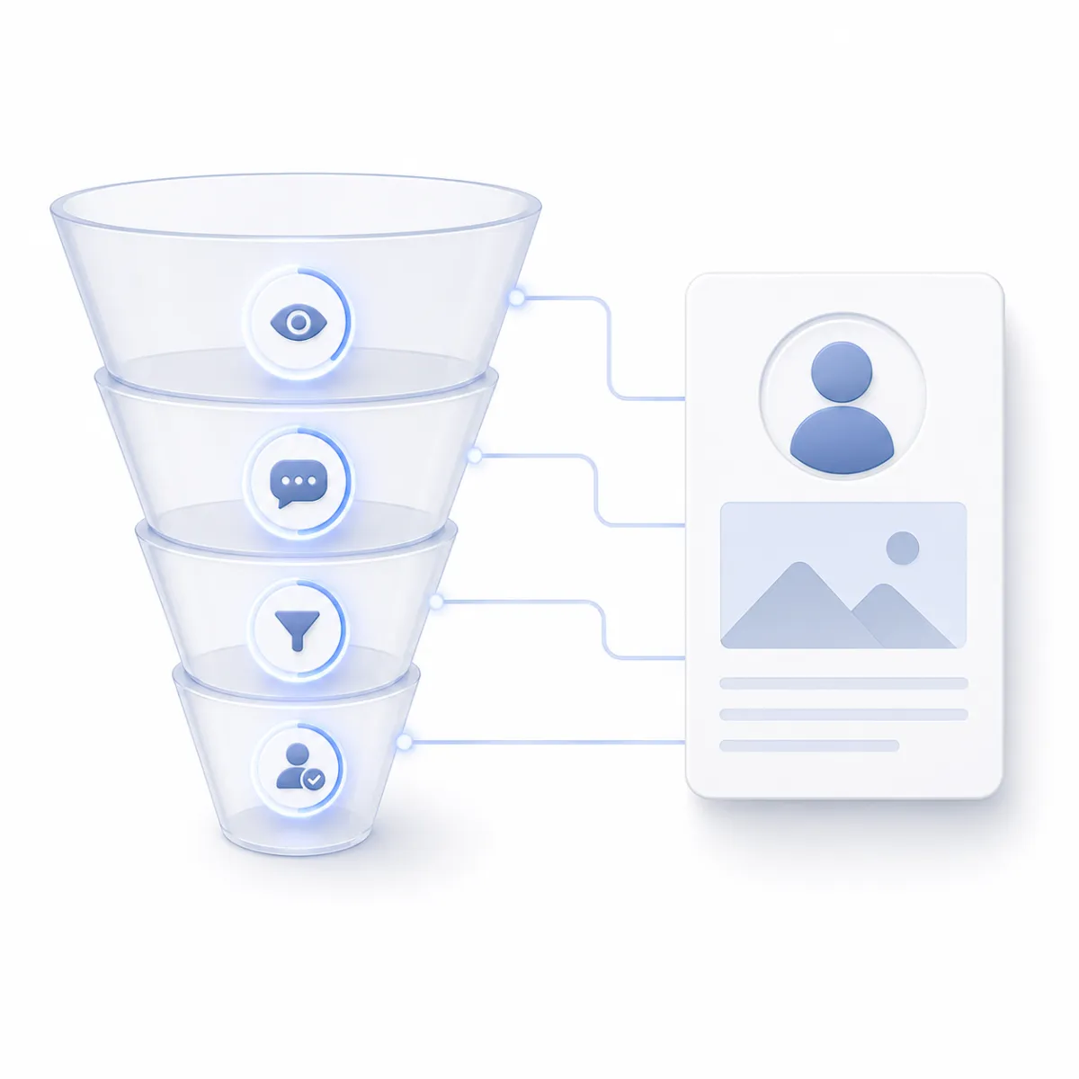 A minimalist funnel connected to a buyer persona card with performance indicators at each stage, representing KPI tracking across the customer journey.