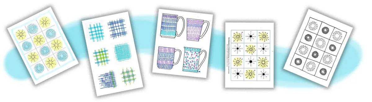 A collection of five meditative drawing worksheets, featuring colorful geometric patterns, hand-drawn coffee mugs with intricate designs, and abstract grid-based illustrations.