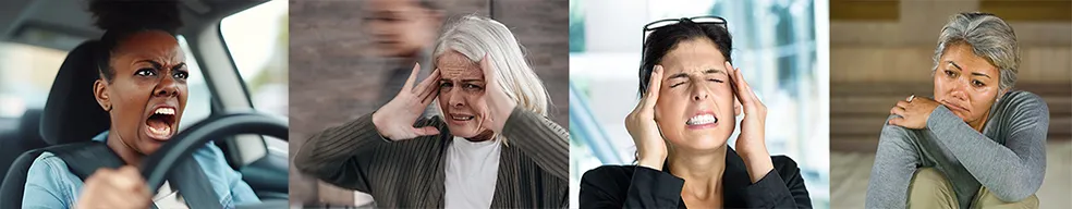 A collage of four images depicting different emotional states: a frustrated woman yelling while driving, an elderly woman covering her ears in distress, a businesswoman with a headache holding her temples, and a sad woman sitting on the floor looking down, illustrating stress and emotional struggles.