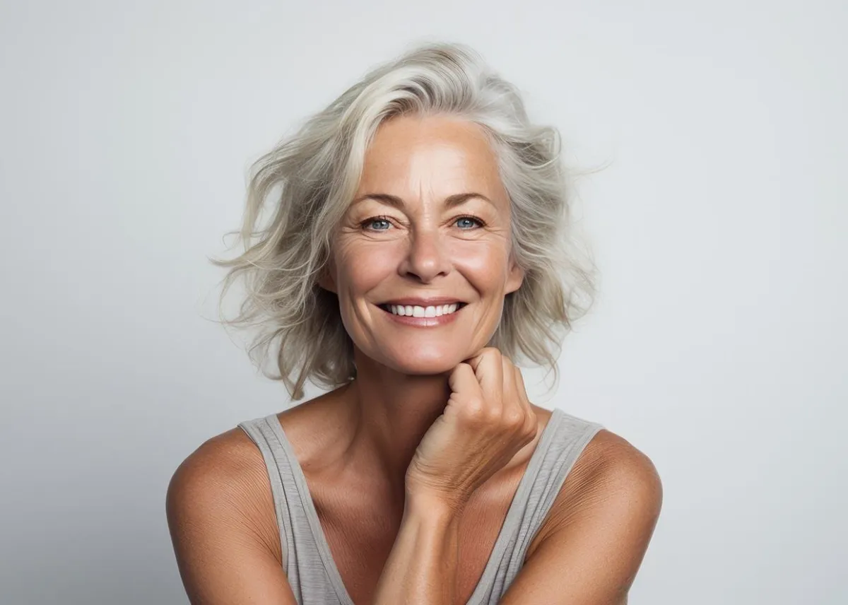 A smiling older woman with silver hair, wearing a sleeveless top, resting her chin on her hand against a neutral background, radiating calmness and confidence.