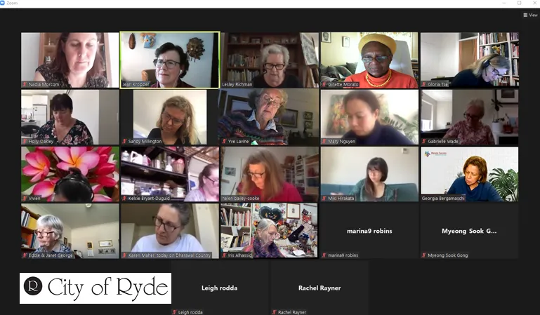 A screenshot of a virtual workshop hosted by Jean Kropper for the City of Ryde, NSW, showing multiple participants on a video conferencing platform.